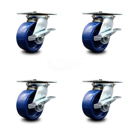 Service Caster 5 Inch Heavy Duty Solid Poly Caster Set with Ball Bearings and Brakes SCC SCC-35S520-SPUB-SLB-4